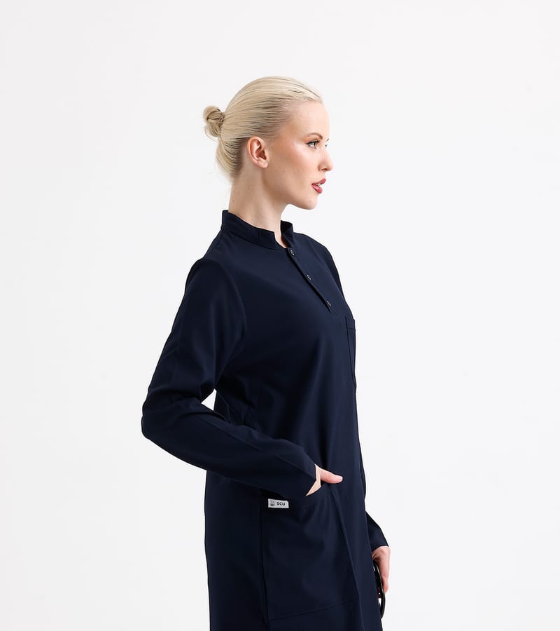 Navy mandarin-collar tunic, profile view