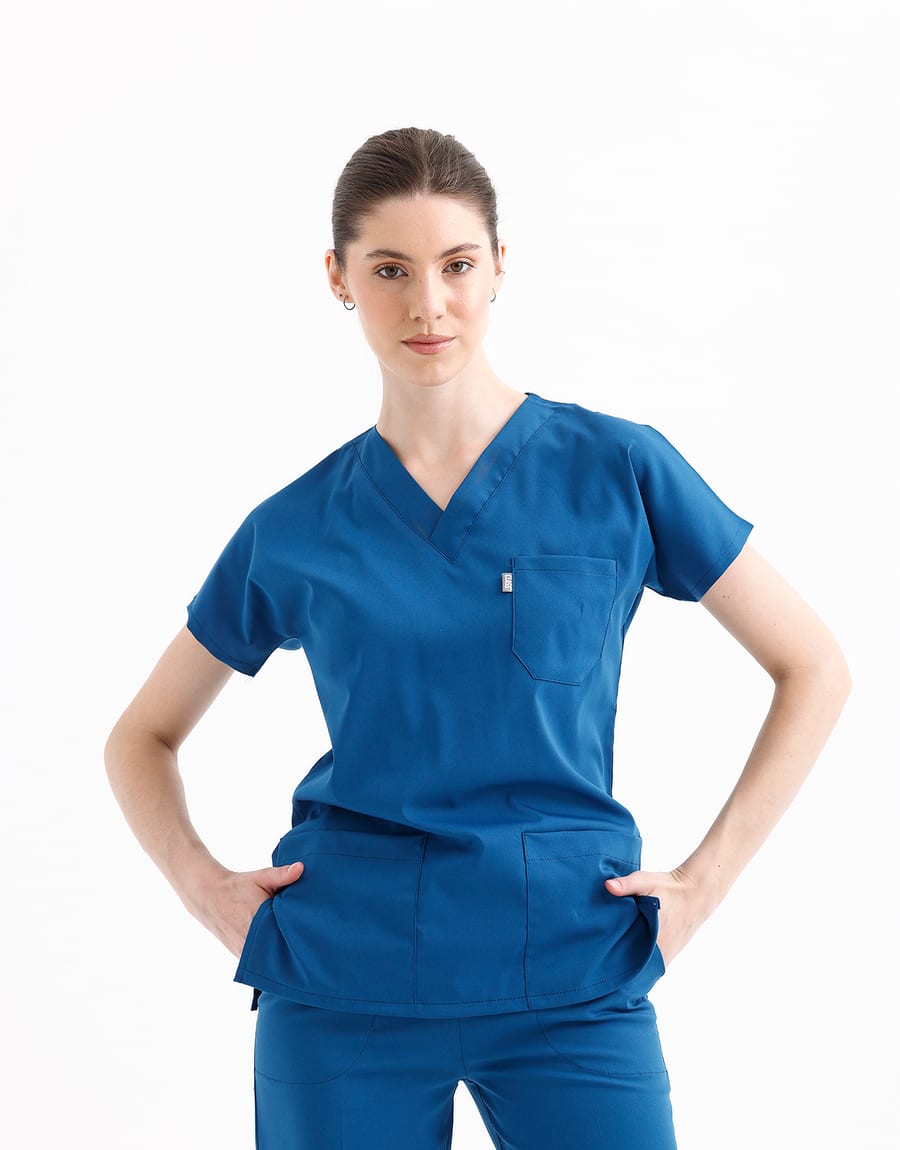 Royal blue scrub set, front