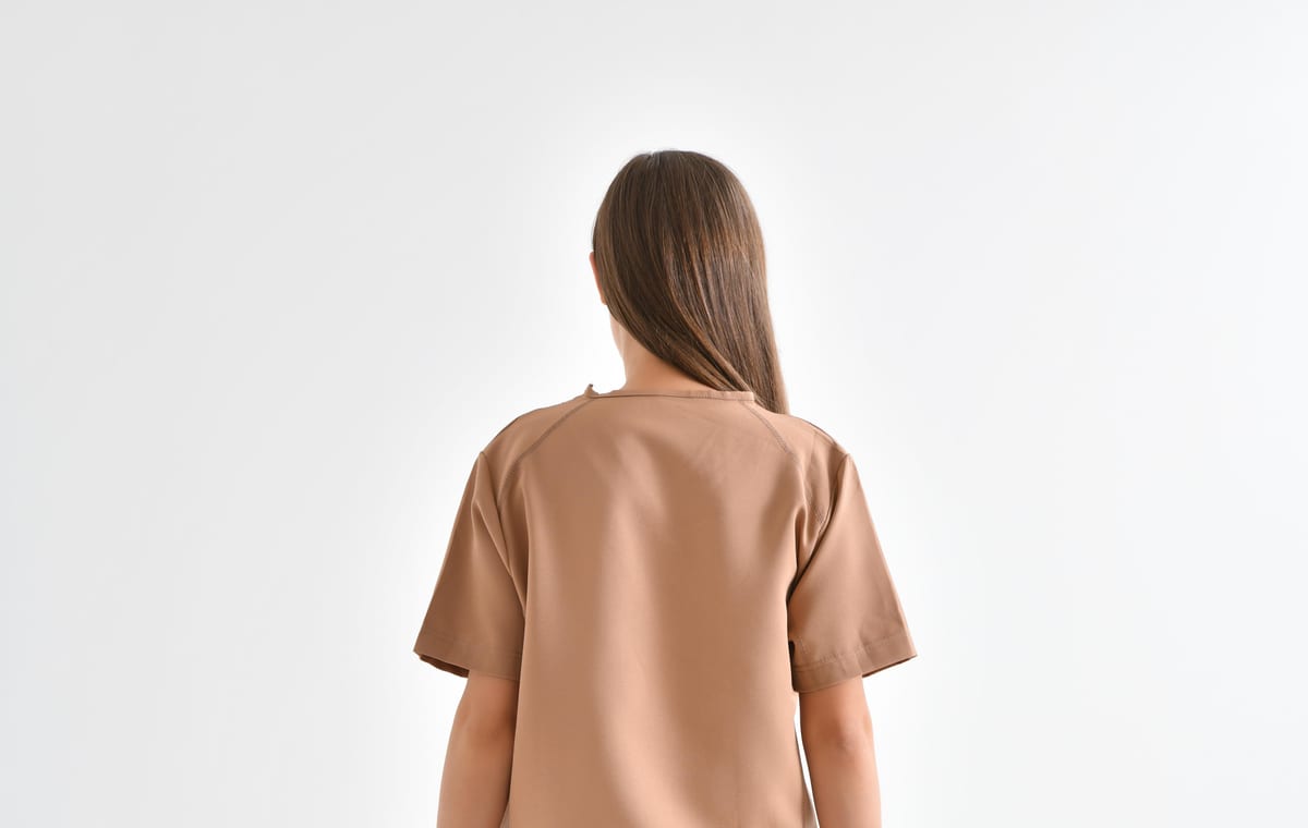 Camel scrub top, back construction