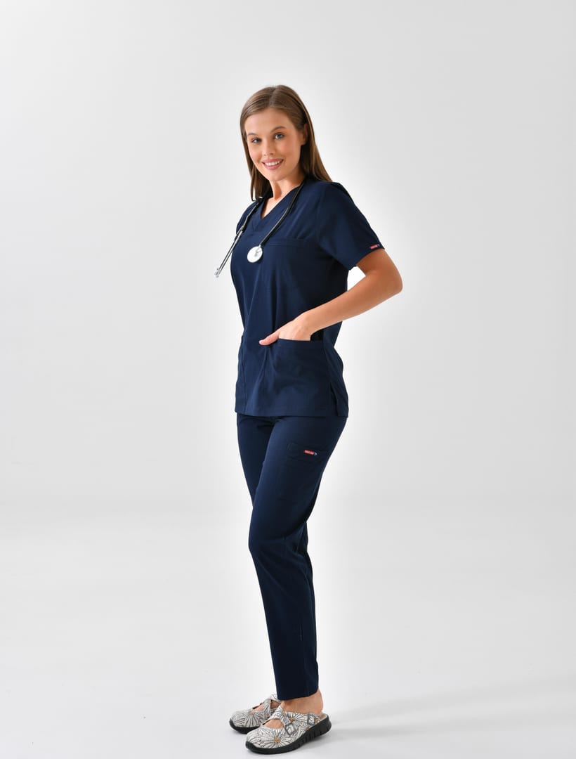 Navy scrub set, side view, full length