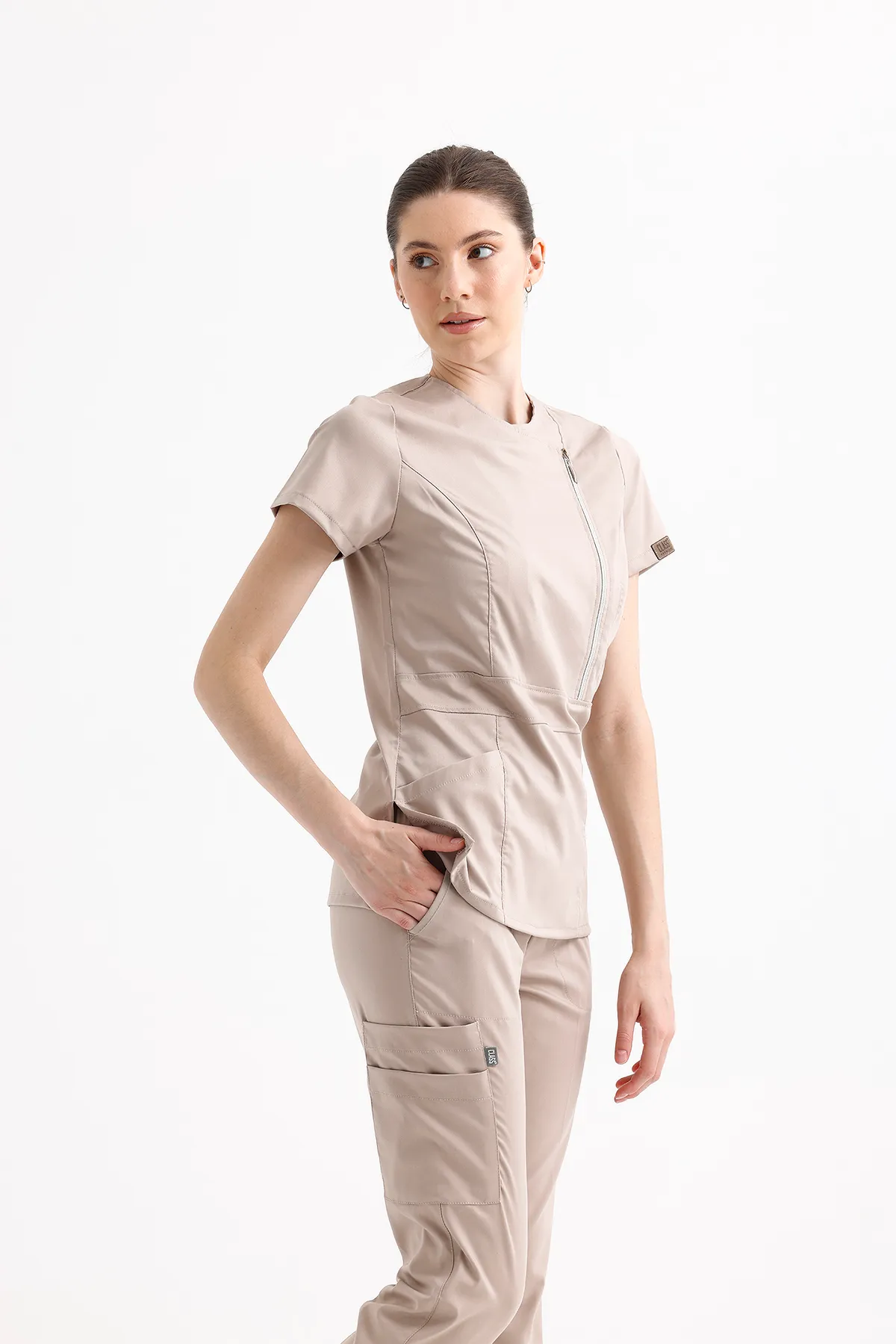 Beige Color-Block Scrub Set — Beige — model MD-2417-BEI, view 1