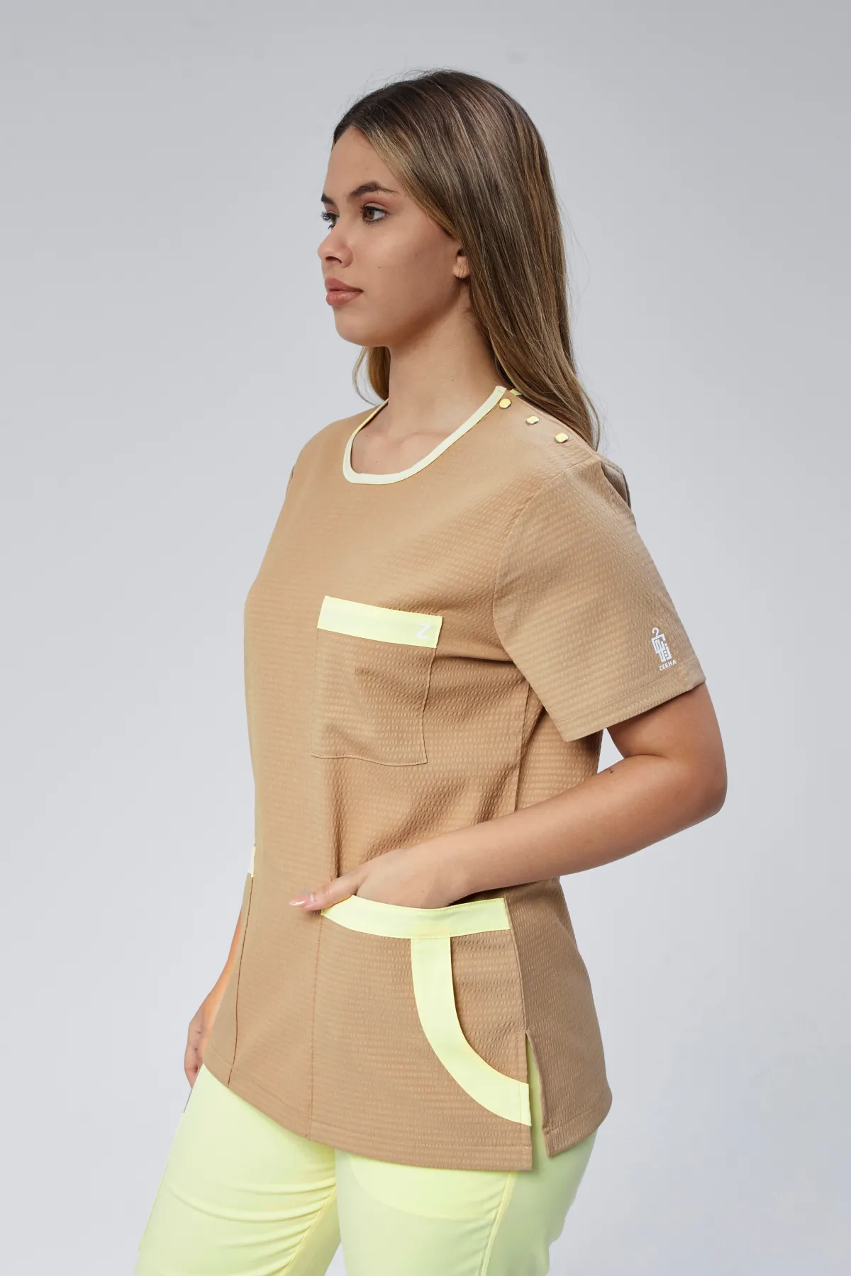 Tuniek-set met opstaande kraag — camel — MD-2196-CML