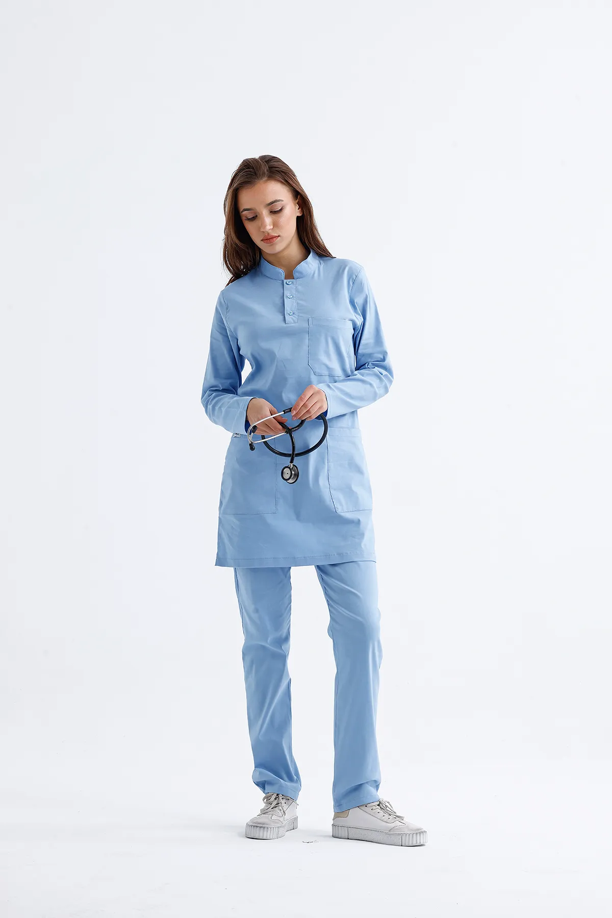 Light Blue Mandarin-Collar Tunic Set — Light Blue — model MD-2196-LBL, view 1