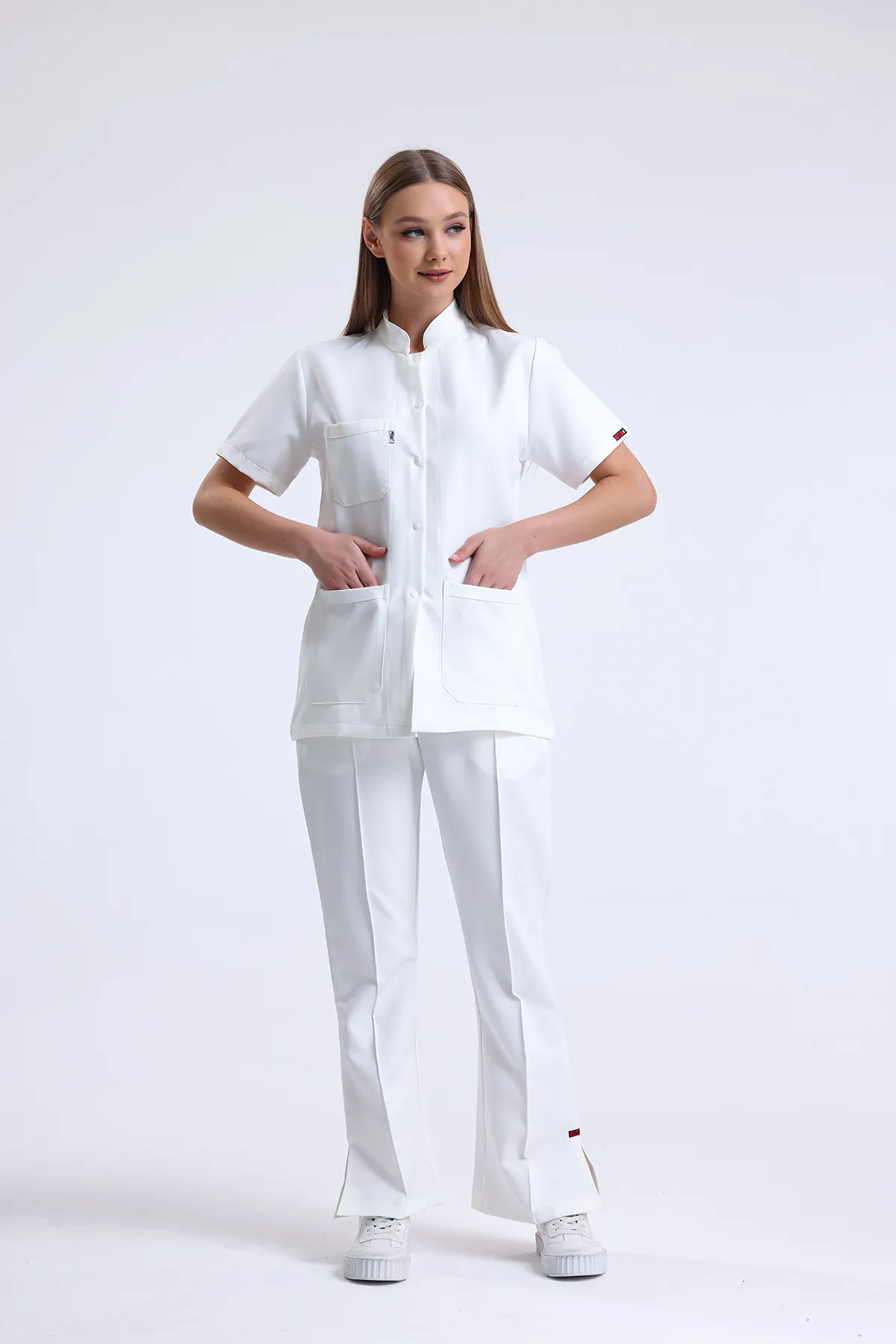 bianco Completo tunica con collo alla coreana — bianco — model MD-2196-WHT, view 1