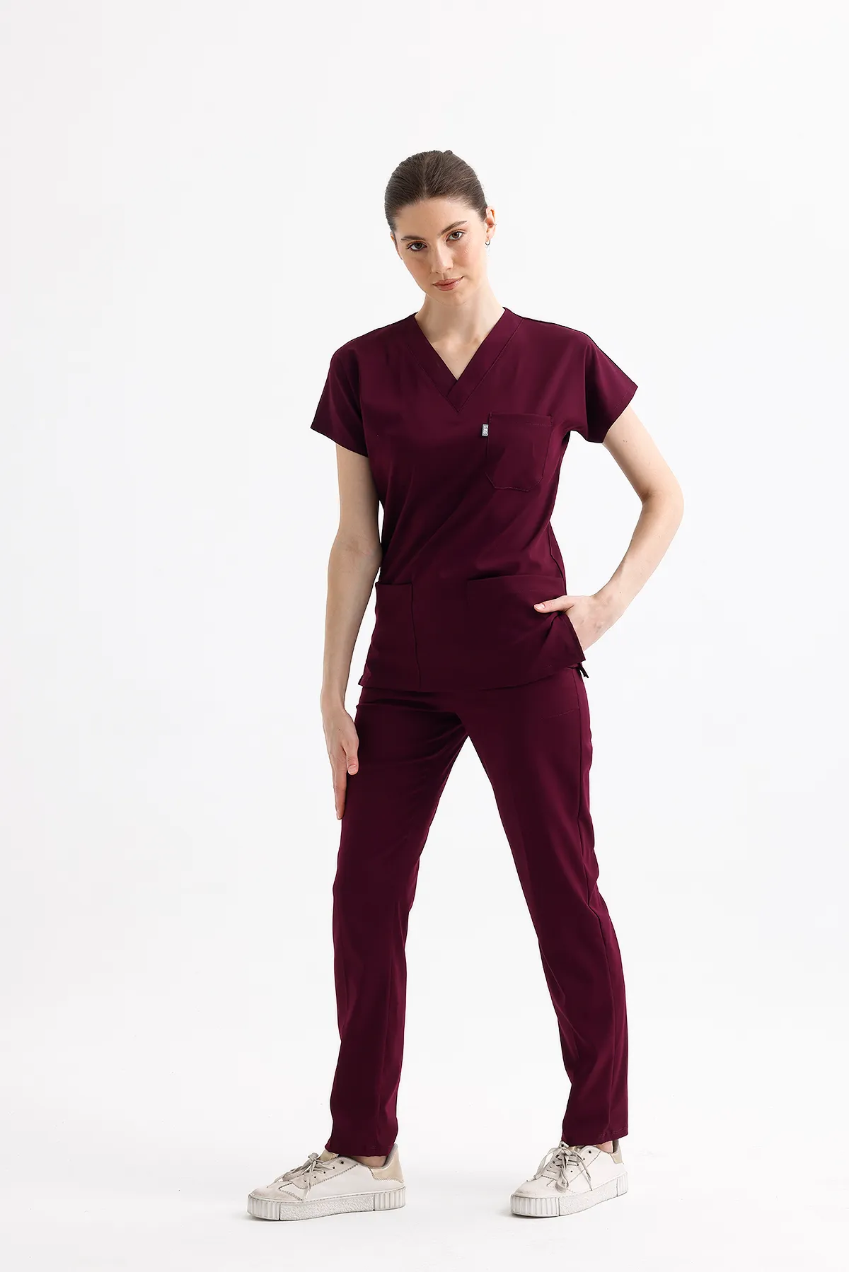 Burgundy V-Neck Scrub Set — Burgundy — model MD-2204-BRG3, view 1