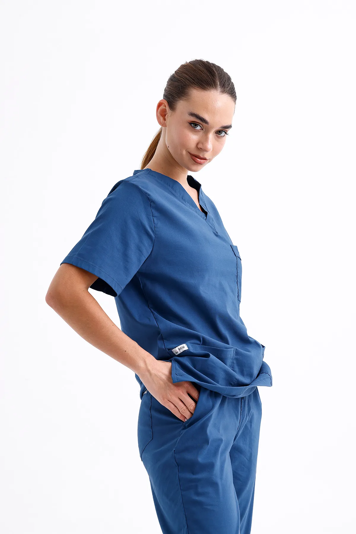Denim Blue V-Neck Scrub Set — Denim Blue — model MD-2204-DNM, view 1