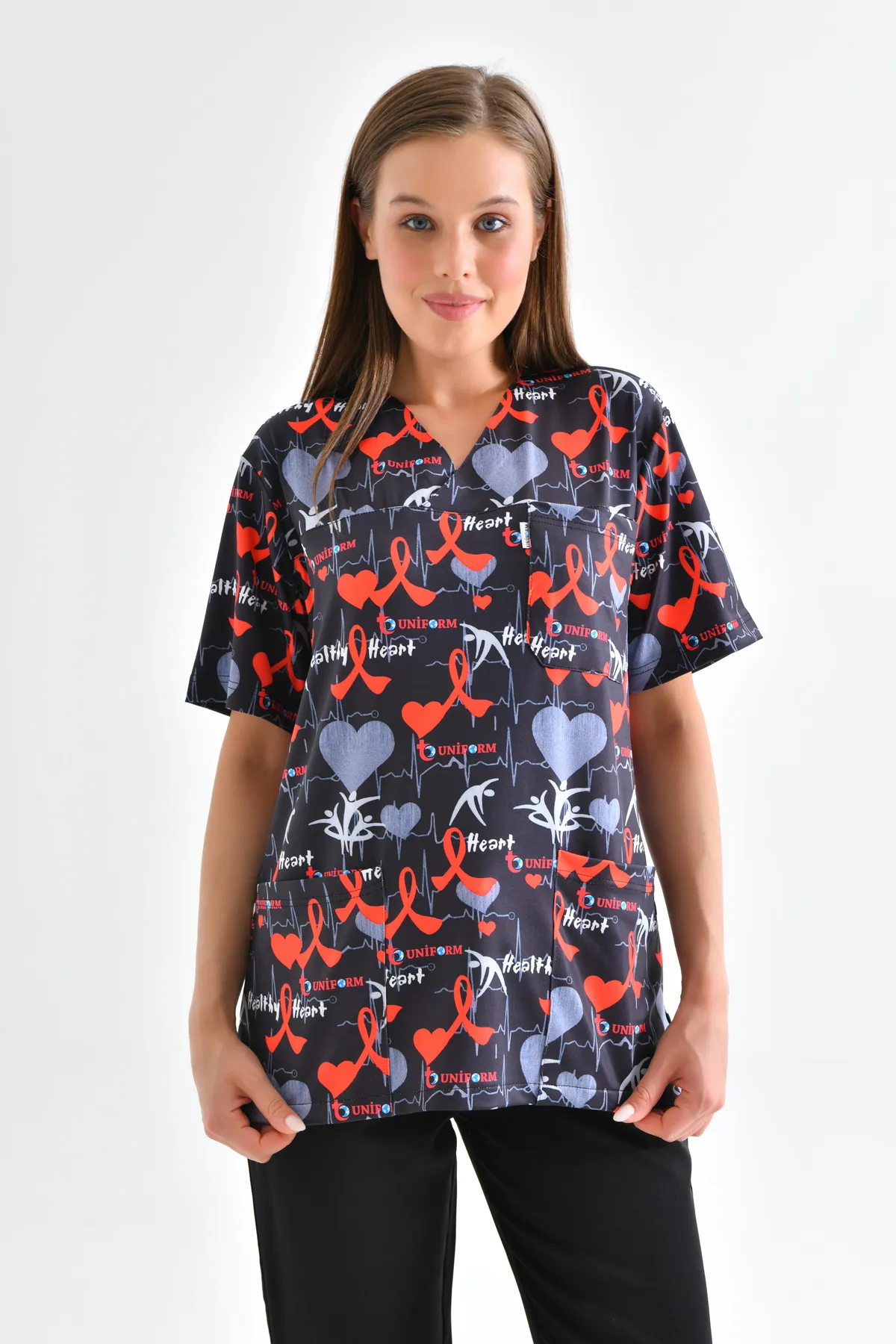 Heart Print V-Neck Scrub Set — Heart Print — model MD-2204-HRT, view 1