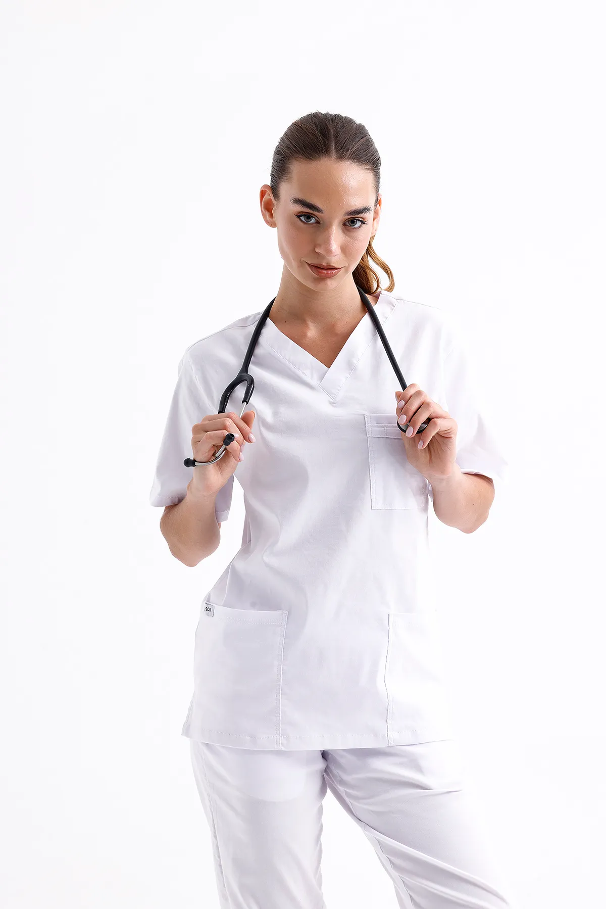 White V-Neck Scrub Set — White — model MD-2204-WHT2, view 1