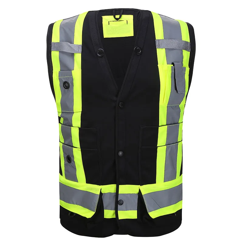 Black Multi-Pocket Reflective Vest — workwear reference WW-1063, view 1